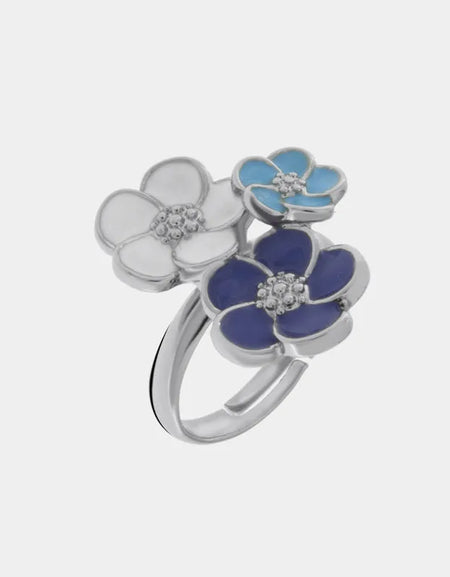 Anello in Metallo con tre fiori di colore blu, bianco e celeste AMOCAPRI