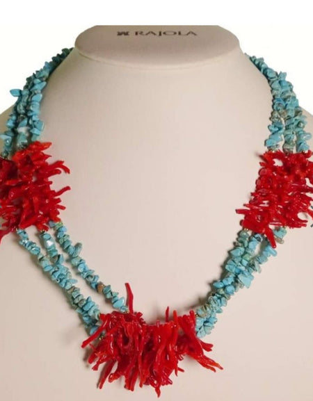 RAJOLA- Collana Reef Multifilo con Turchese e Frange di Corallo Rosso