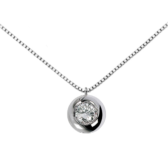 Collana Donna Citerna In Oro Bianco 9K – Pendente Con Zirconia Cubica Rotonda – Con Custodia E Certificato Di Autenticità