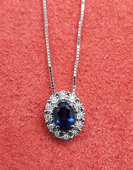 Collana DonnaOro MAGIA con cestino in Oro Bianco 18kt, Diamanti e Zaffiro