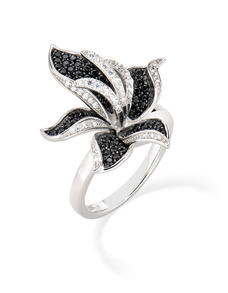 AMEN Anello Donna Orchidea in Argento 925 Zirconi Bianchi e Neri