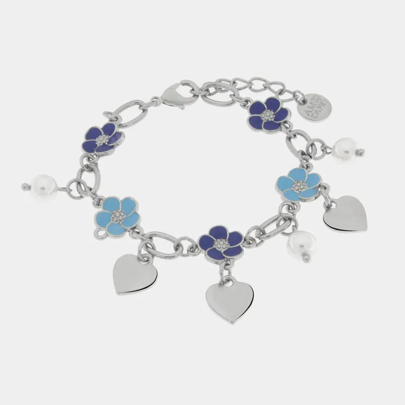 AMOCAPRI Bracciale in Metallo con fiori blu e cuori pendenti