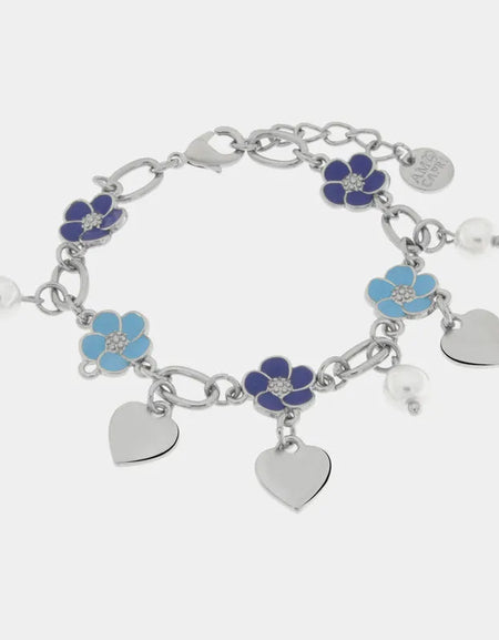 AMOCAPRI Bracciale in Metallo con fiori blu e cuori pendenti