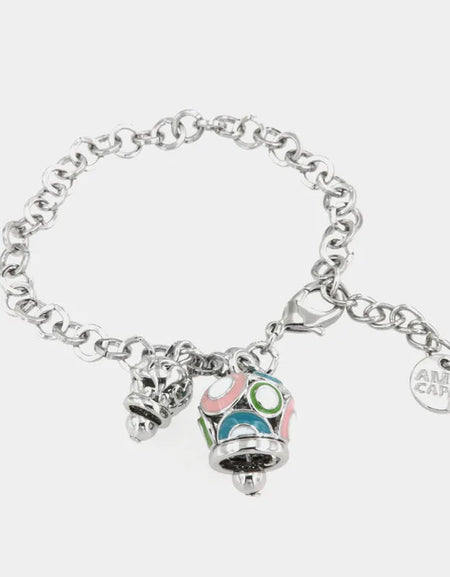 AMOCAPRI Bracciale in Metallo con campana colorata e piccola campanella con cuori