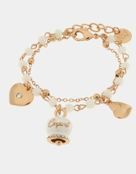 AMOCAPRI Bracciale in Metallo multifilo con pietre bianche e campanella Capri bianca