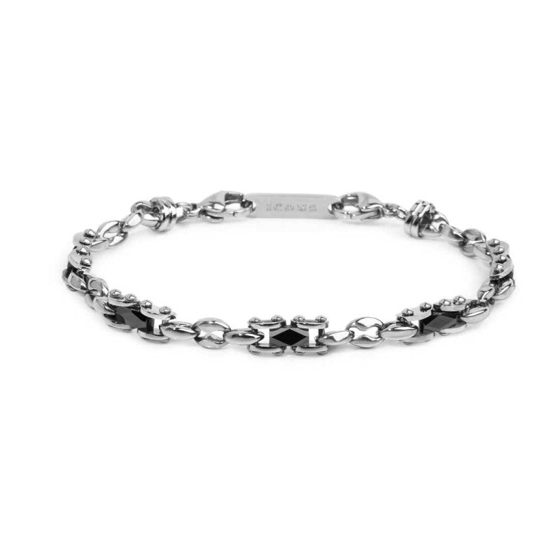 MARLÙ Bracciale uomo catena marine con elementi acciaio e ceramica sfaccettata nera lucida