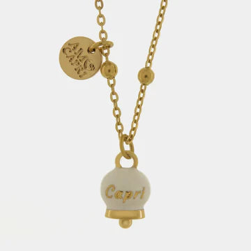 AMOCAPRI Collana in Acciaio con campanella pendente bianca e oro con scritta Capri