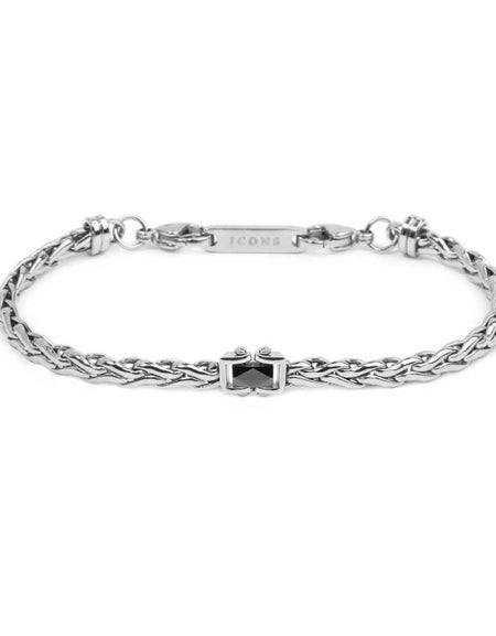 MARLÙ Bracciale uomo catena sonaglio piatta con elemento centrale in ceramica sfaccettata nera lucida