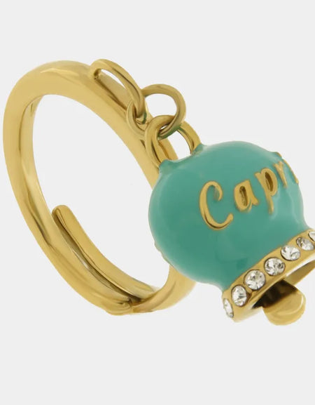 AMOCAPRI Anello in Acciaio con campanella verde con scritta Capri
