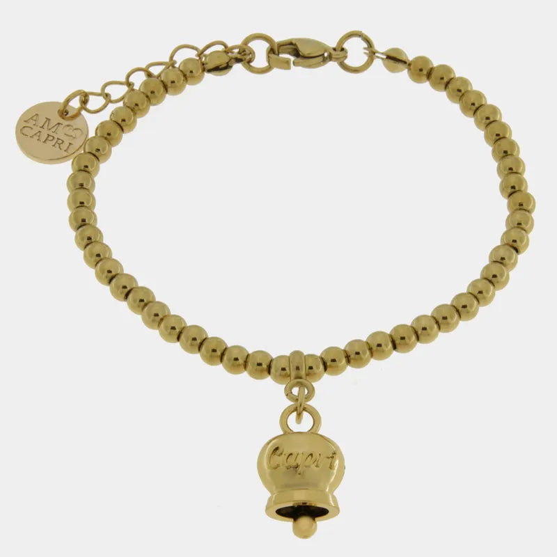 Bracciale in Acciaio con campanella pendente placcata oro con scritta Capri AMOCAPRI