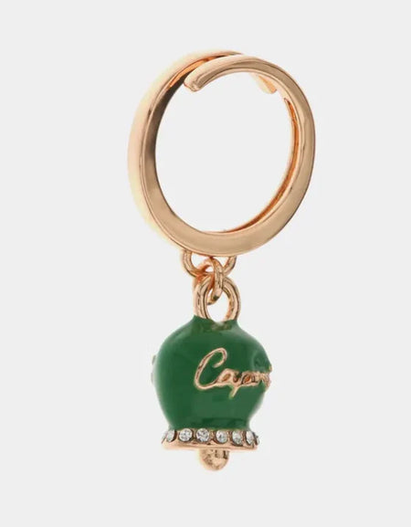 Anello in Metallo con campanella portafortuna color verde, con scritta Capri a rilievo e cristalli bianchi AMOCAPRI
