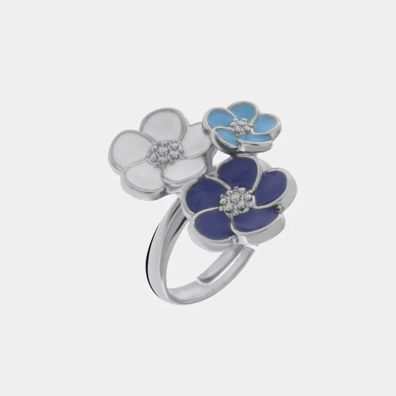 Anello in Metallo con tre fiori di colore blu, bianco e celeste  AMOCAPRI