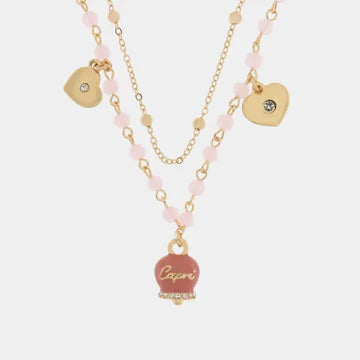 AMOCAPRI Collana in Metallo con campana smaltata rosa e cuoricini pendenti