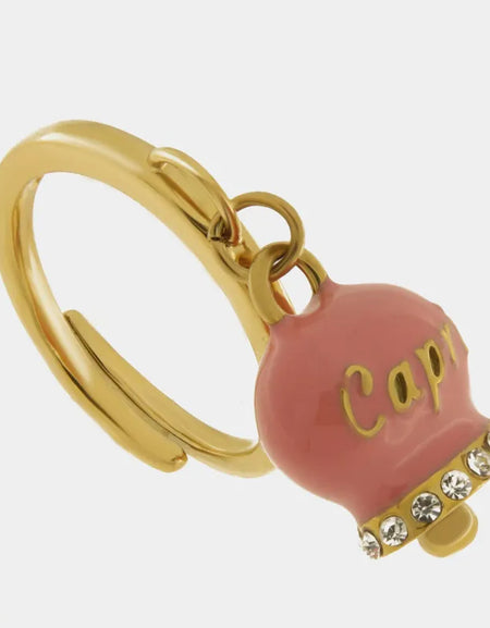 AMOCAPRI Anello in Acciaio con campanella rosa con scritta Capri