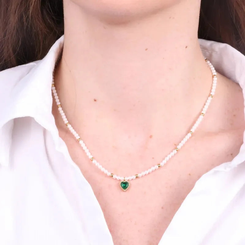 COEUR DE MAR Collana in Acciaio con giro di perle e cuore verde