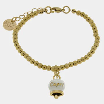AMOCAPRI Bracciale in Acciaio a perline con campanella pendente bianca e oro con scritta Capri