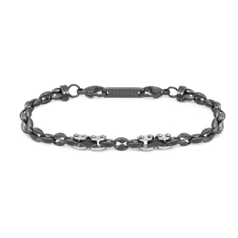 MARLÙ Bracciale uomo catena marine con elementi in acciaio con ceramica sfaccettata nera lucida