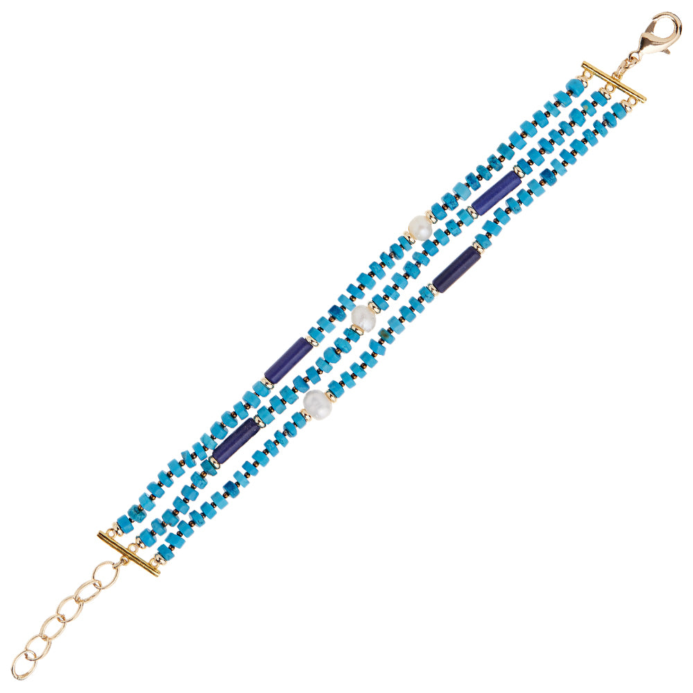 OTTAVIANI Bracciale donna Moda dorato tre fili con perle, pietre color Turchese e blu Lapis