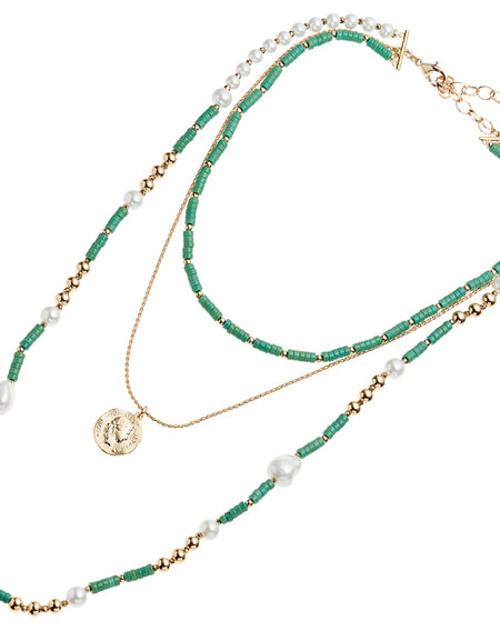 OTTAVIANI Collana donna Moda dorata tre fili con Perle, Perline Verdi e Pendente Moneta