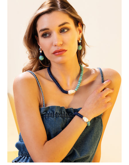 OTTAVIANI Collana Moda Dorata con Perla Barocca, Pietre color Turchese e Blu Lapis