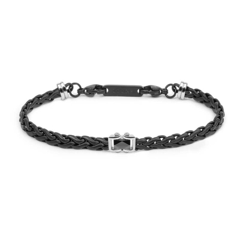 MARLÙ Bracciale uomo catena sonaglio piatta con elemento centrale in ceramica sfaccettata nera lucida