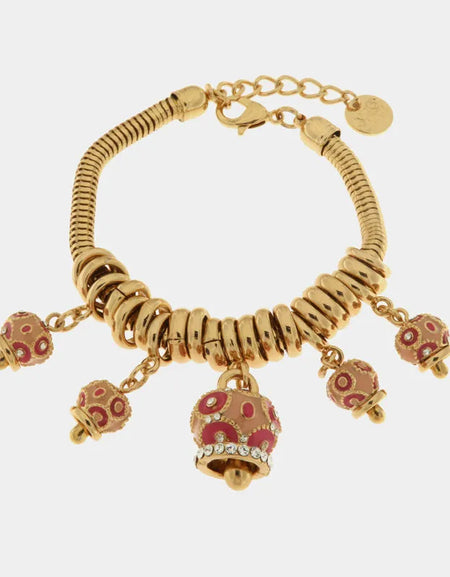 AMOCAPRI Bracciale in Metallo con campanelle colorate in smalto rosa e cristalli bianchi