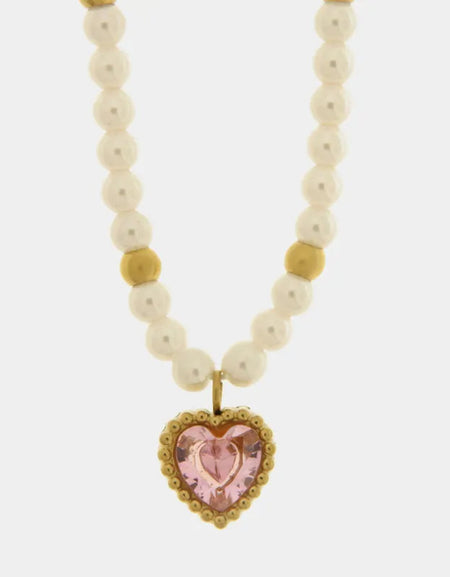 COEUR DE MER Collana in Acciaio con giro di perle e cuore rosa