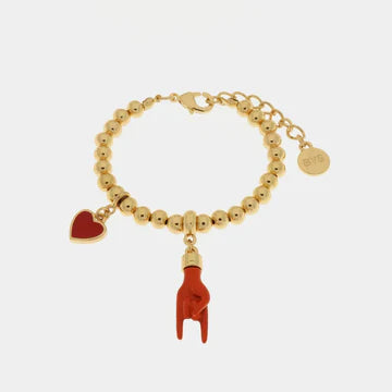 AMONAPOLI Bracciale in Metallo con pendente a forma di corna porta fortuna e cuore rosso