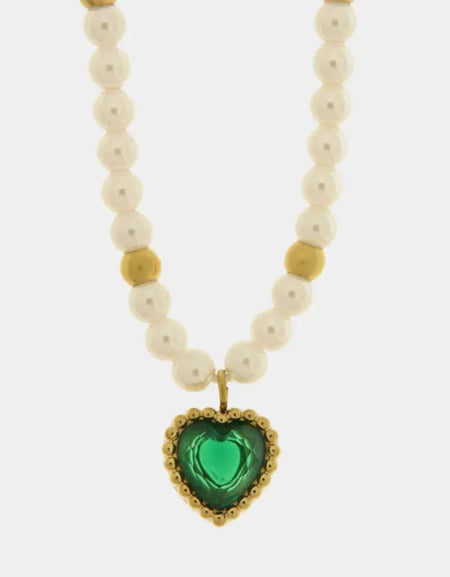 COEUR DE MAR Collana in Acciaio con giro di perle e cuore verde
