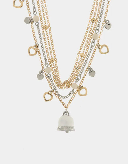 AMOCAPRI Collana in Metallo con cuori e campana bianca pendenti