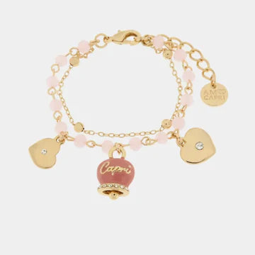 AMOCAPRI Bracciale in Metallo con campana smaltata rosa e cuoricini pendenti