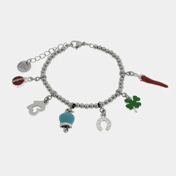 AMOCAPRI Bracciale in Acciaio con corno napoletano, quadrifoglio, coccinella, campanella capri