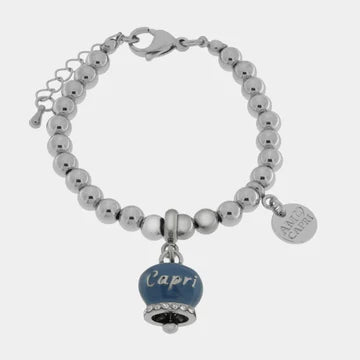 AMOCAPRI Bracciale in Acciaio con campanella blu con scritta Capri