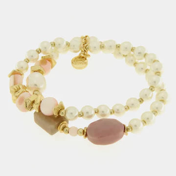 AMOVENEZIA Bracciale in Metallo multifilo con perle bianche e pietre rosa