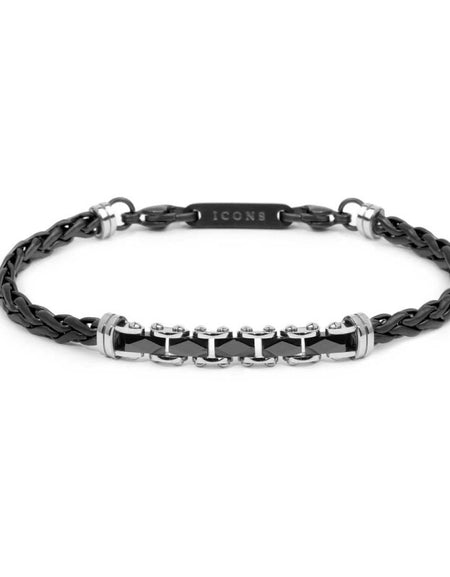 MARLÙ Bracciale uomo catena sonaglio piatta centrale con elementi in ceramica sfaccettata nera lucida