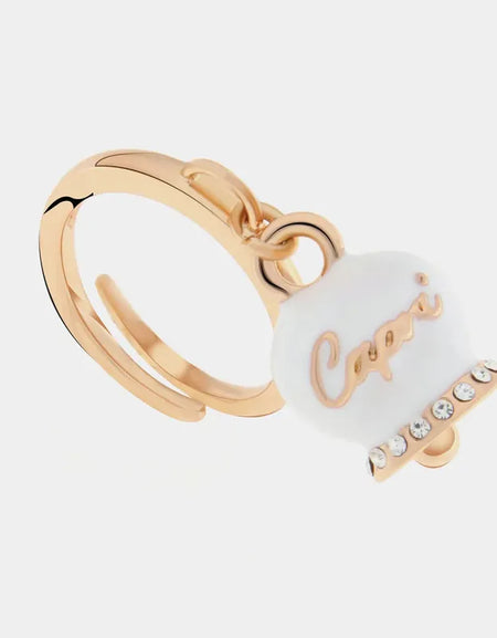 AMOCAPRI Anello in Metallo con campanella portafortuna pendente impreziosita da smalto bianco e cristalli