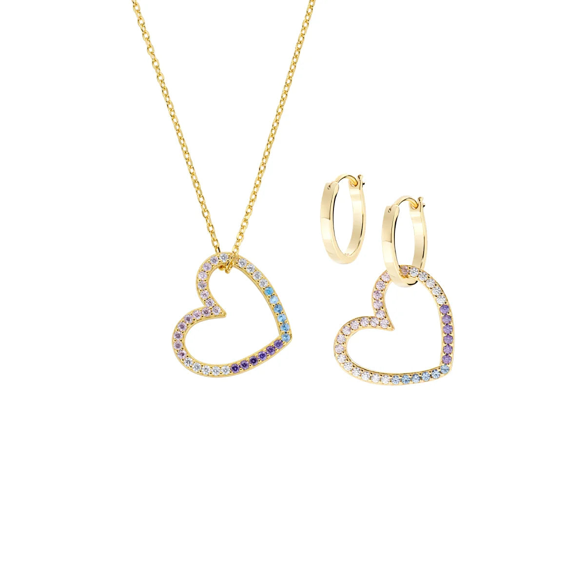 Amen Set Dorato Collana e Orecchini Due Cuori in Ottone con Zirconi Rainbow