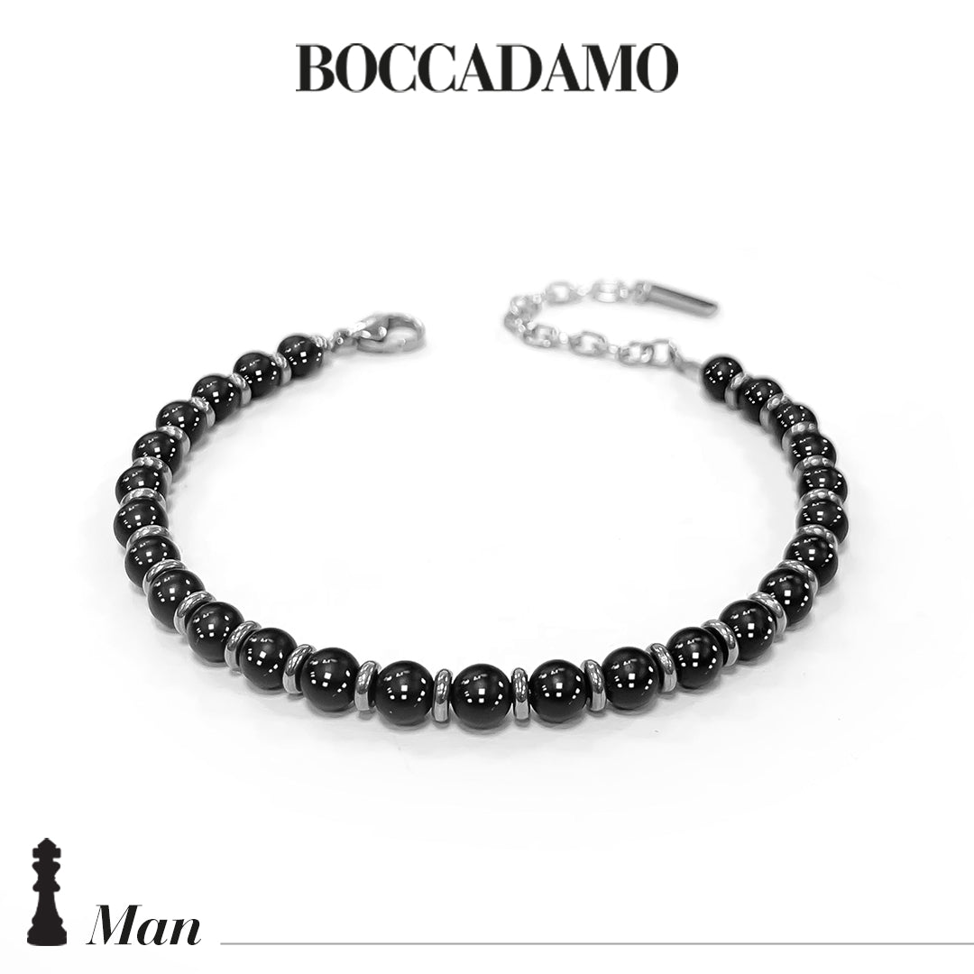 BOCCADAMO MAN Bracciale sfere Agata nera in acciaio