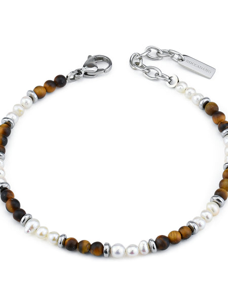 BOCCADAMO MAN Bracciale in acciaio con Occhio di Tigre e Perle