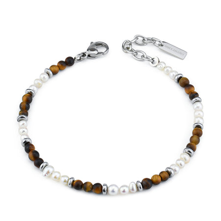BOCCADAMO MAN Bracciale in acciaio con Occhio di Tigre e Perle