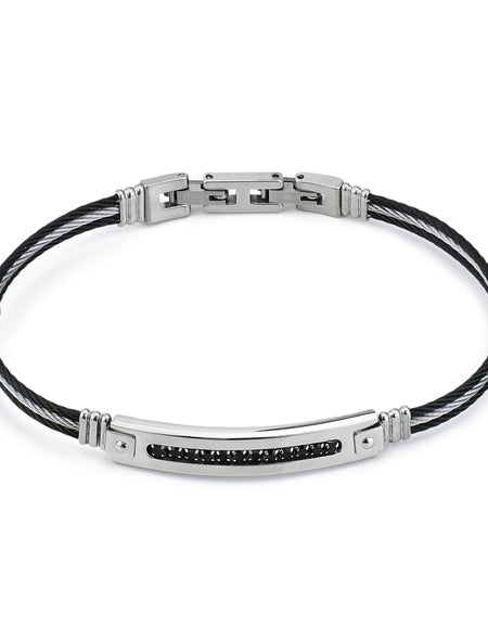 BOCCADAMO MAN Bracciale Uomo Targa Zirconi neri in acciaio Cordini neri e Cordino Rodio