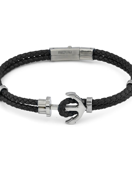 BOCCADAMO MAN Bracciale in Pelle nera e Ancora Centrale