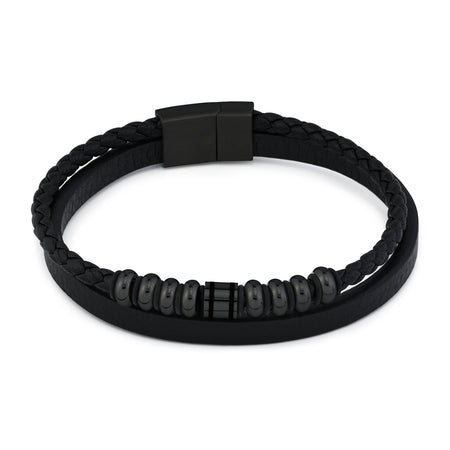 BOCCADAMO MAN Bracciale doppio cinturino in Pelle Nera e Moduli in acciaio brunito