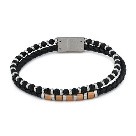 BOCCADAMO MAN Bracciale Doppio Cinturino in Pelle nera, cristalli neri ed Inserti in acciaio