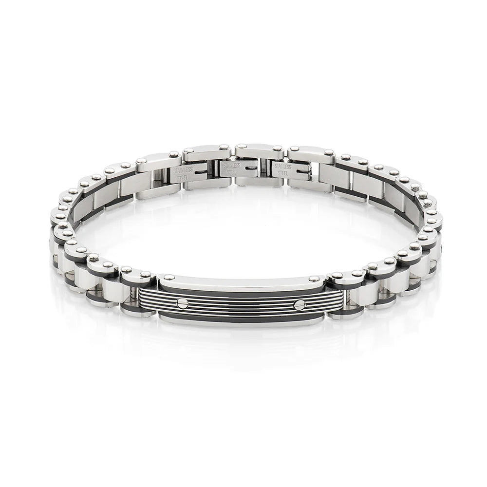 AMEN Bracciale Uomo Catena in Acciaio con Dettagli Neri