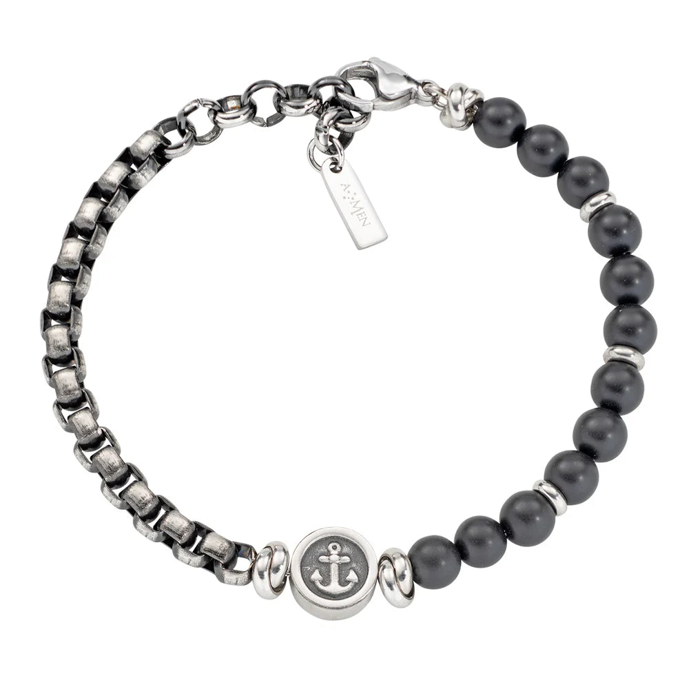 AMEN Bracciale Uomo in Acciaio e Onice Ancora