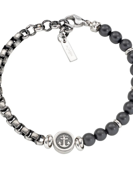 AMEN Bracciale Uomo in Acciaio e Onice Ancora