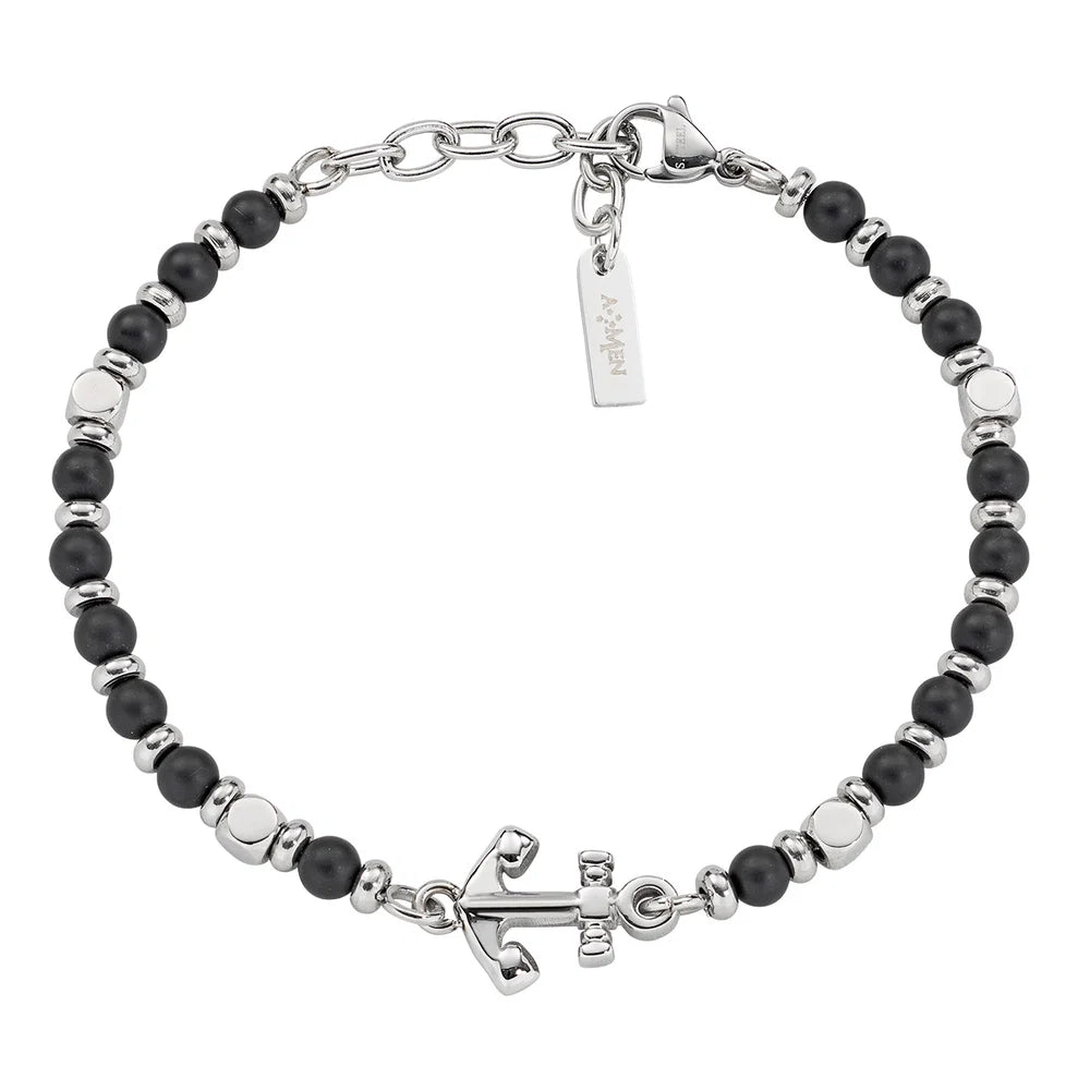 AMEN Bracciale Uomo Ancora in Acciaio e Onice