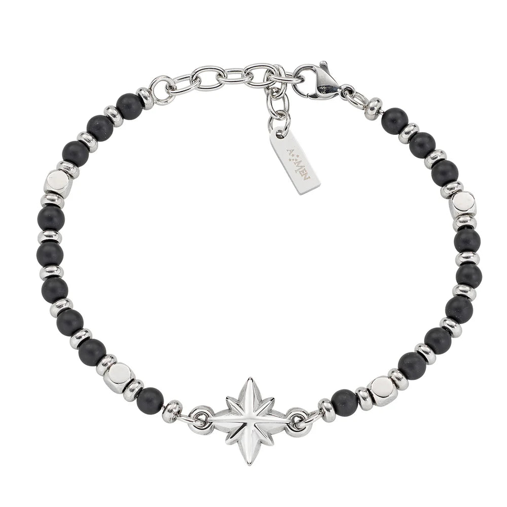 AMEN Bracciale Uomo Rosa dei Venti in Acciaio e Onice
