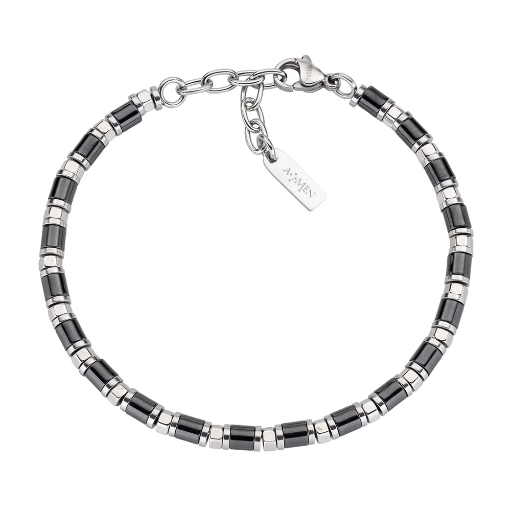 AMEN Bracciale Uomo in Acciaio e Ceramica Nera